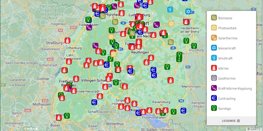 Die Karte zeigt die Standorte verschiedener Praxisbeispiele, Quelle: Energieatlas Baden-Württemberg