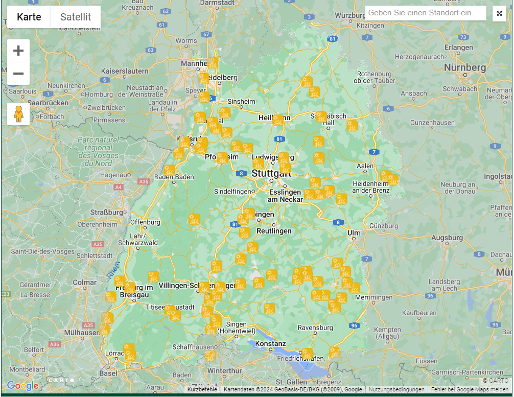 Kartenausschnitt aus dem Energieatlas Baden-Württemberg mit ehemaligen, nicht anderweitig genutzten Deponieflächen. Diese können mögliche Standorte für Photovoltaikanlagen darstellen. 