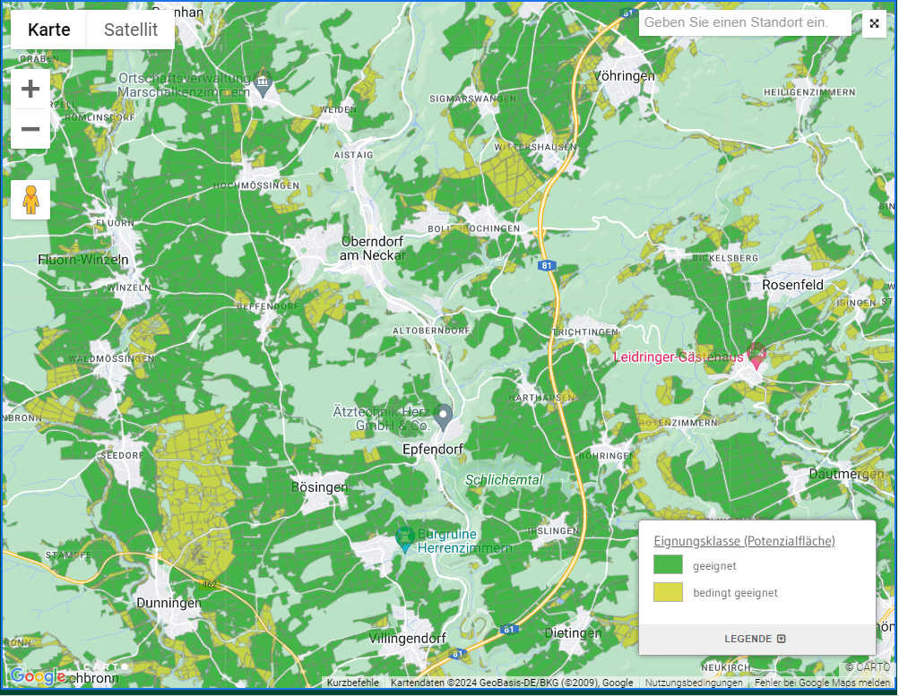 Kartenausschnitt zu Potenzialen von Photovoltaik auf Freiflächen aus dem Energieatlas Baden-Württemberg. Die Potenzialflächen sind hier in die Kategorien „geeignet“ und „bedingt geeignet“ eingeteilt.