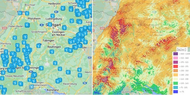 In dieser Abbildung ist links ein Screenshot der Karte aller Windkraftanlagen im Betrieb dargestellt. Rechts ist ein Screenshot aus dem Windatlas dargestellt. 