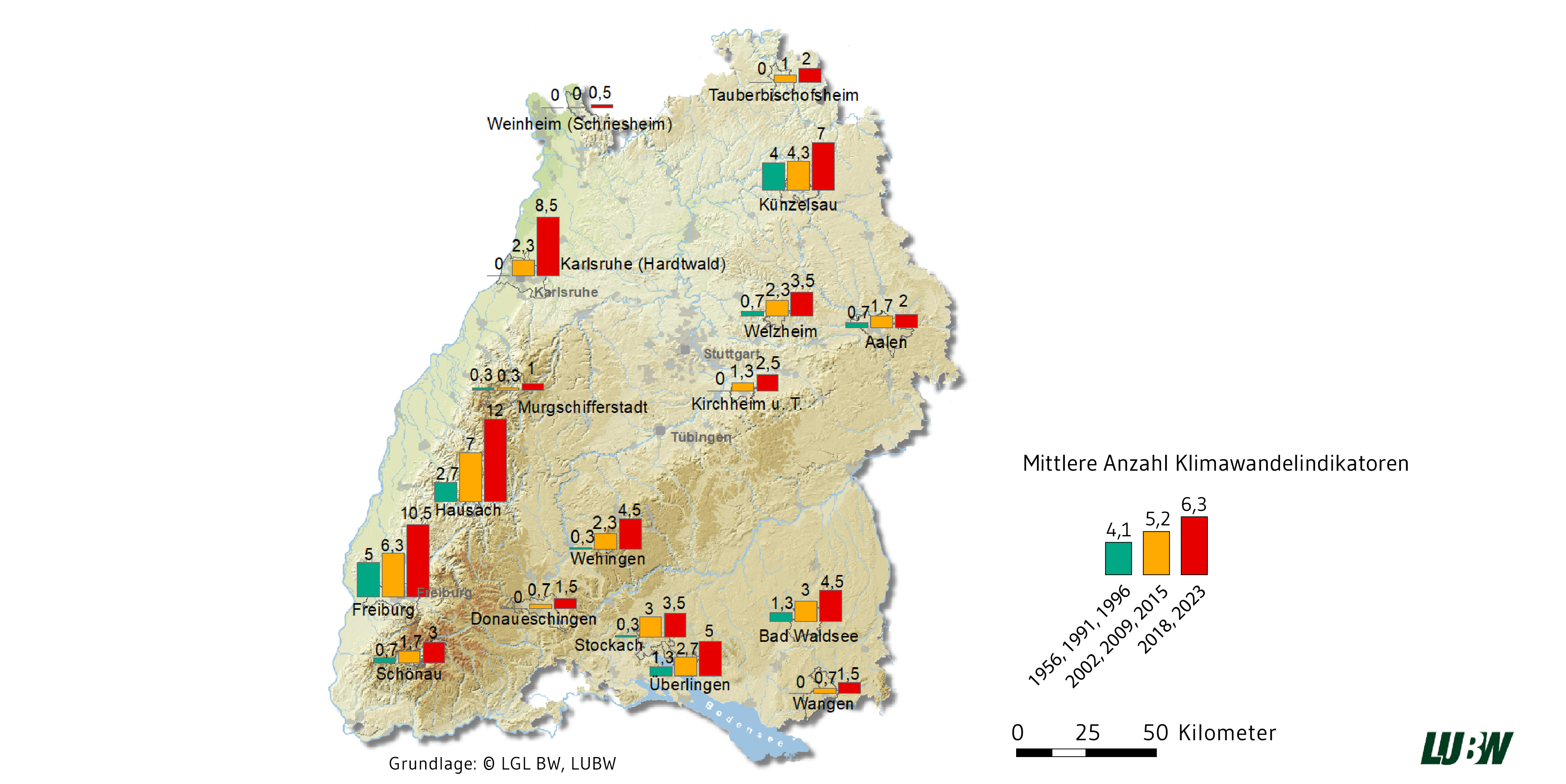 Die Abbildung zeigt die Standorte des Flechtenmonitorings in Baden-Württemberg. Für die drei Untersuchungszeiträume (1986, 1991 und 1996; 2002, 2009 und 2015 sowie 2018 und 2023) wird die mitterle Anzahl der Klimawandelindikatoren (Flechten mit geringer Kontinentalitätszahl) in Balken angegeben.