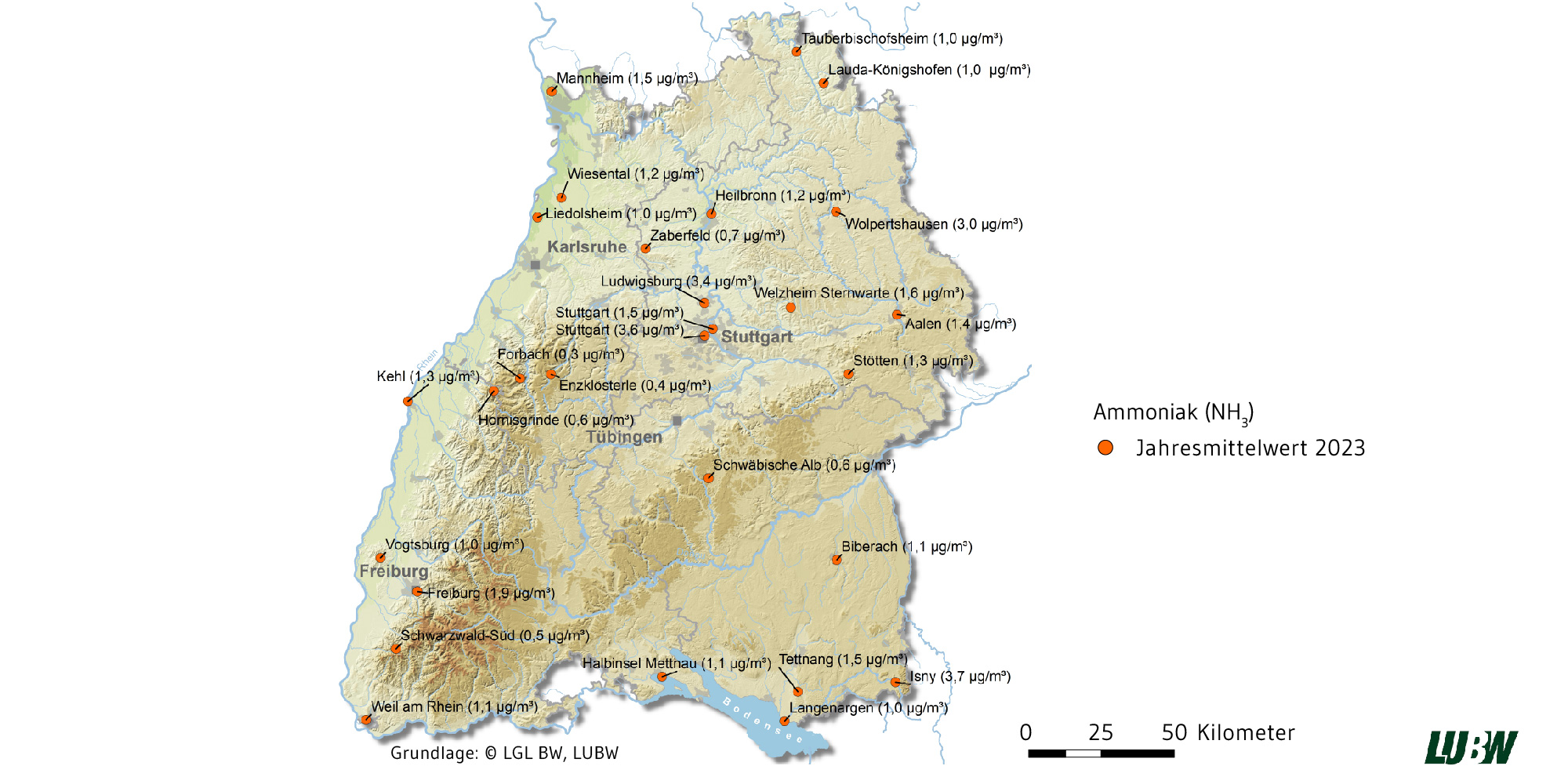 In einer Karte von Baden-Württemberg werden für alle Messstellen die Jahresmittelwerte für Ammoniak im Jahr 2023 dargestellt, angegeben als konkreten Wert.