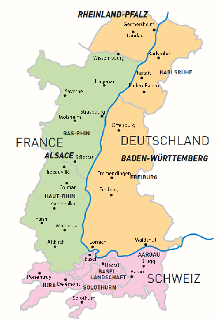 Karte der Oberrheinregion. Beteiligt sind die Bundesländer Baden-Württemberg und Rheinland-Pfalz, die Europäische Gebietskörperschaft Elsass, sowie die Kantone Basel-Stadt und Basel-Landschaft.