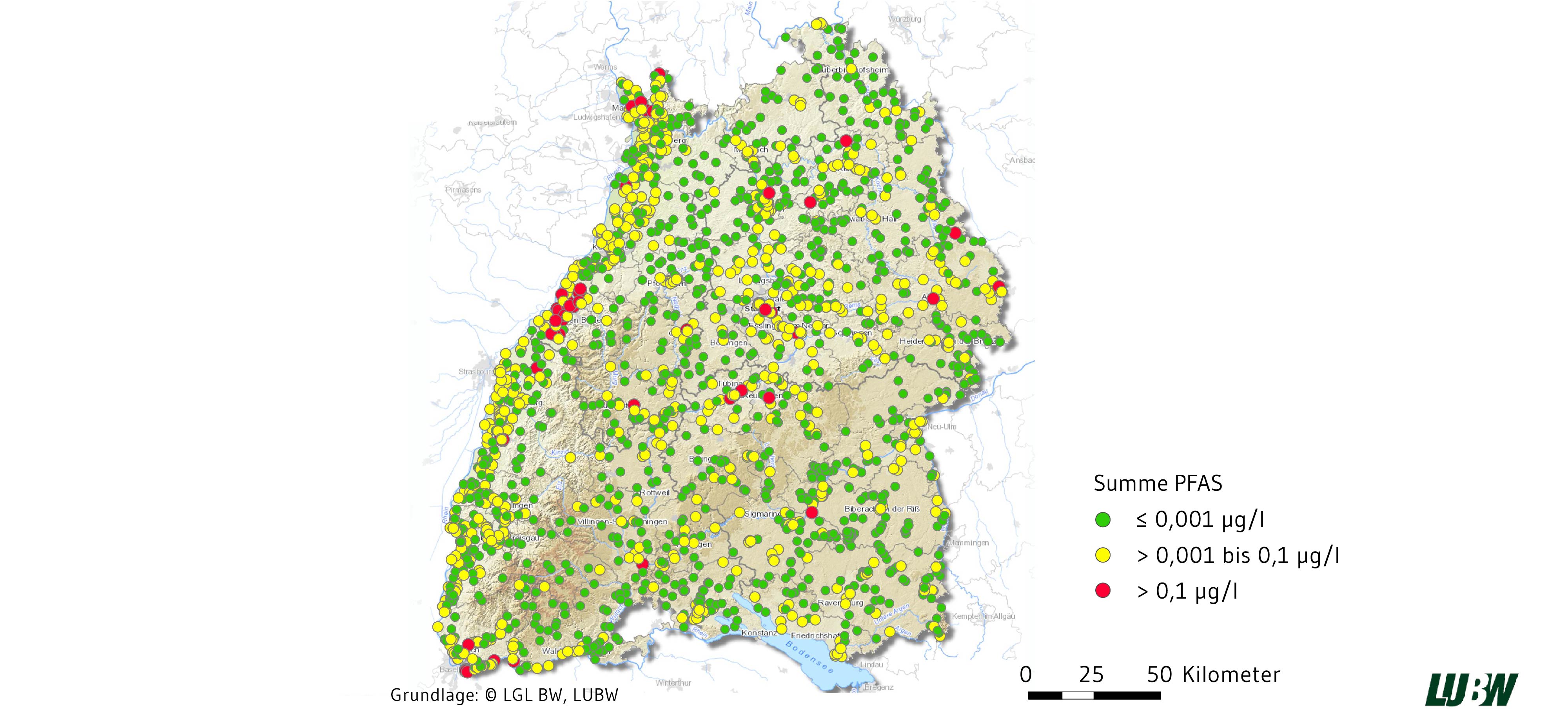 PFAS werden über ganz Baden-Württemberg verteilt gefunden. Schwerpunkte liegen in Mittelbaden und bei Mannheim. Datenquelle: LUBW. Datenstand: Januar 2020.