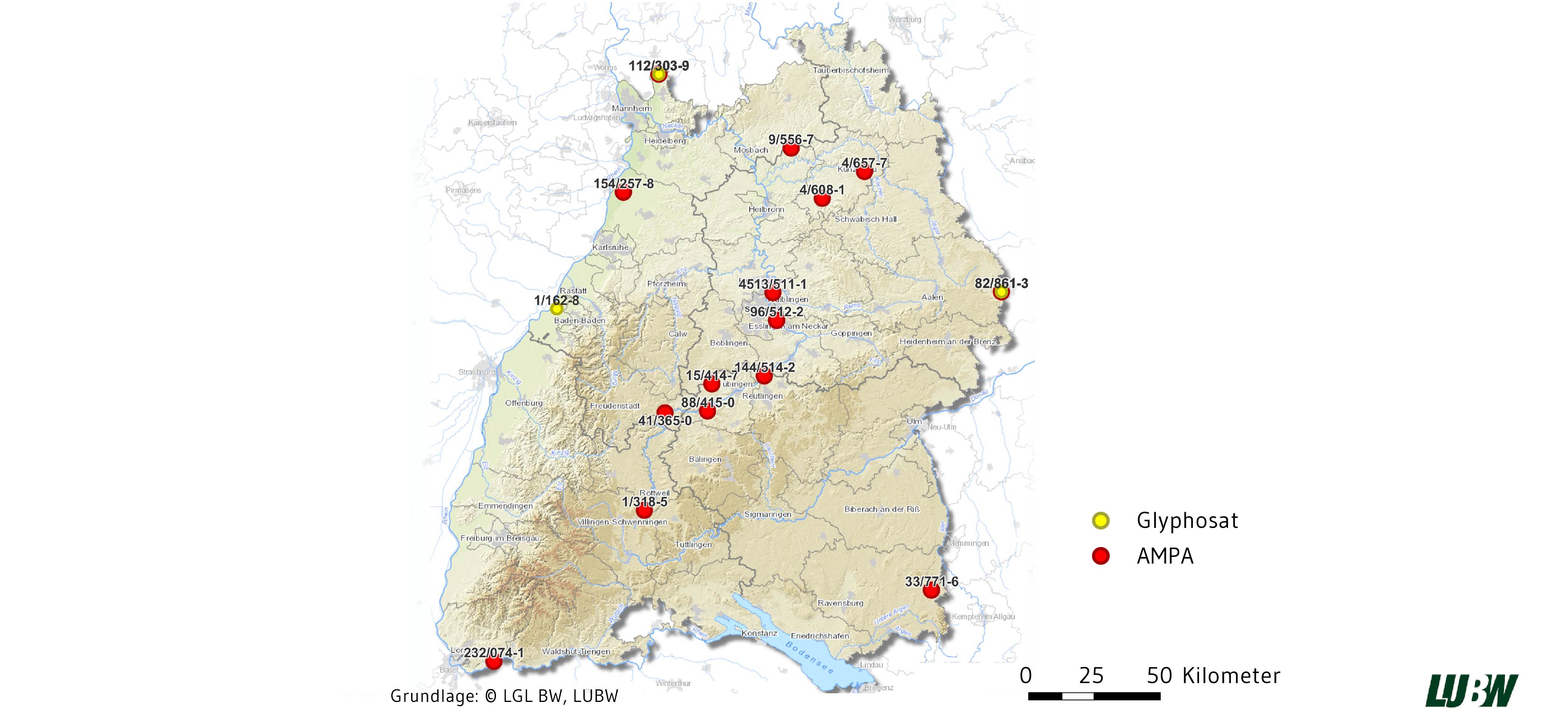 Glyphosat wird an drei und sein Abbauprodukt AMPA an fünfzehn Messstellen gefunden. Datenquelle: LUBW. Datenstand: Juni 2021.