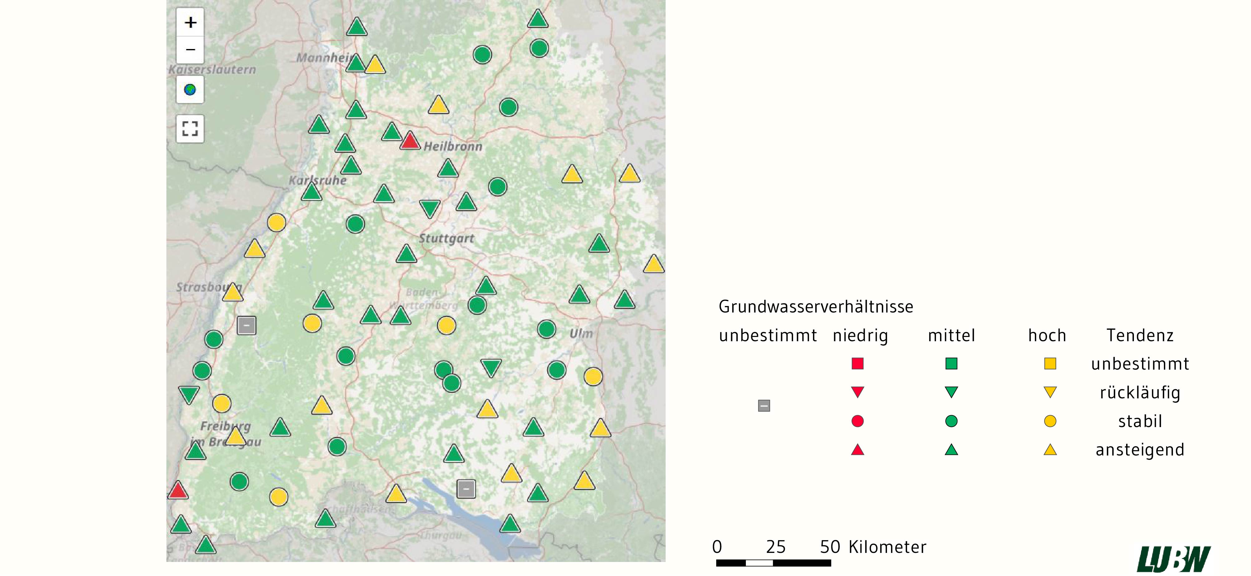 Beispielkarte für Grundwasserstände und Quellschüttungen. 