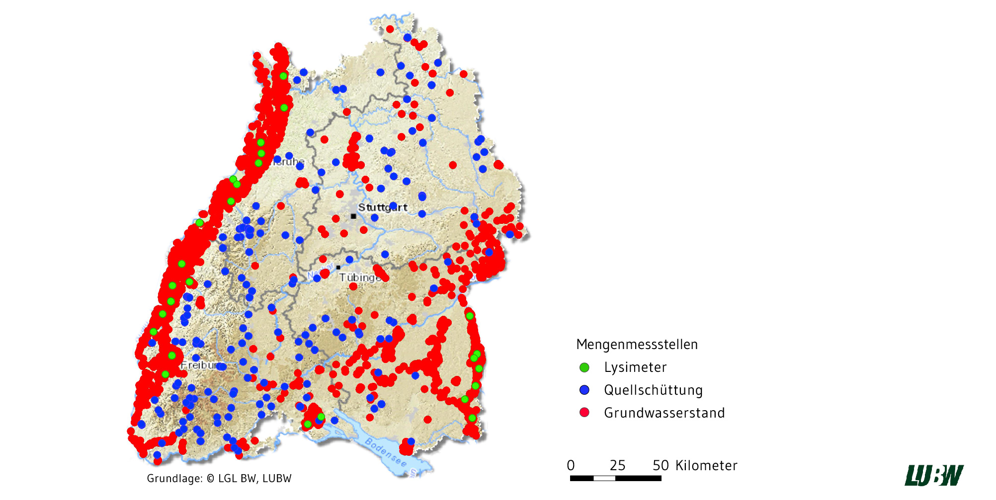 Karte des Grundwassermengenmessnetzes mit den Grundwasserstandsmessstellen in rot, den Quellen in blau und den Lysimetern in grün