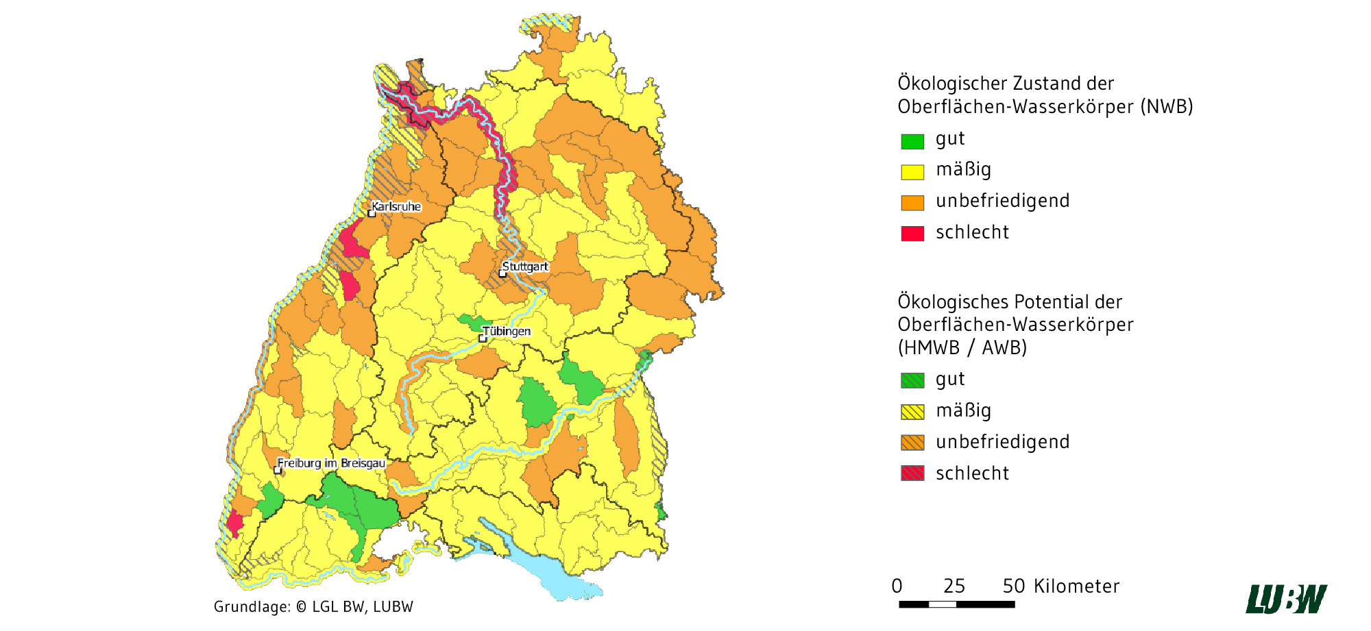 Karte der Wasserkörperbewertung des ökologischen Zustands.