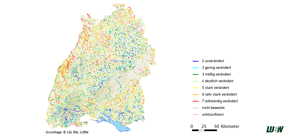 Kartendarstellung der Ergebnisse der Gewässerstrukturkartierung Baden-Württemberg.