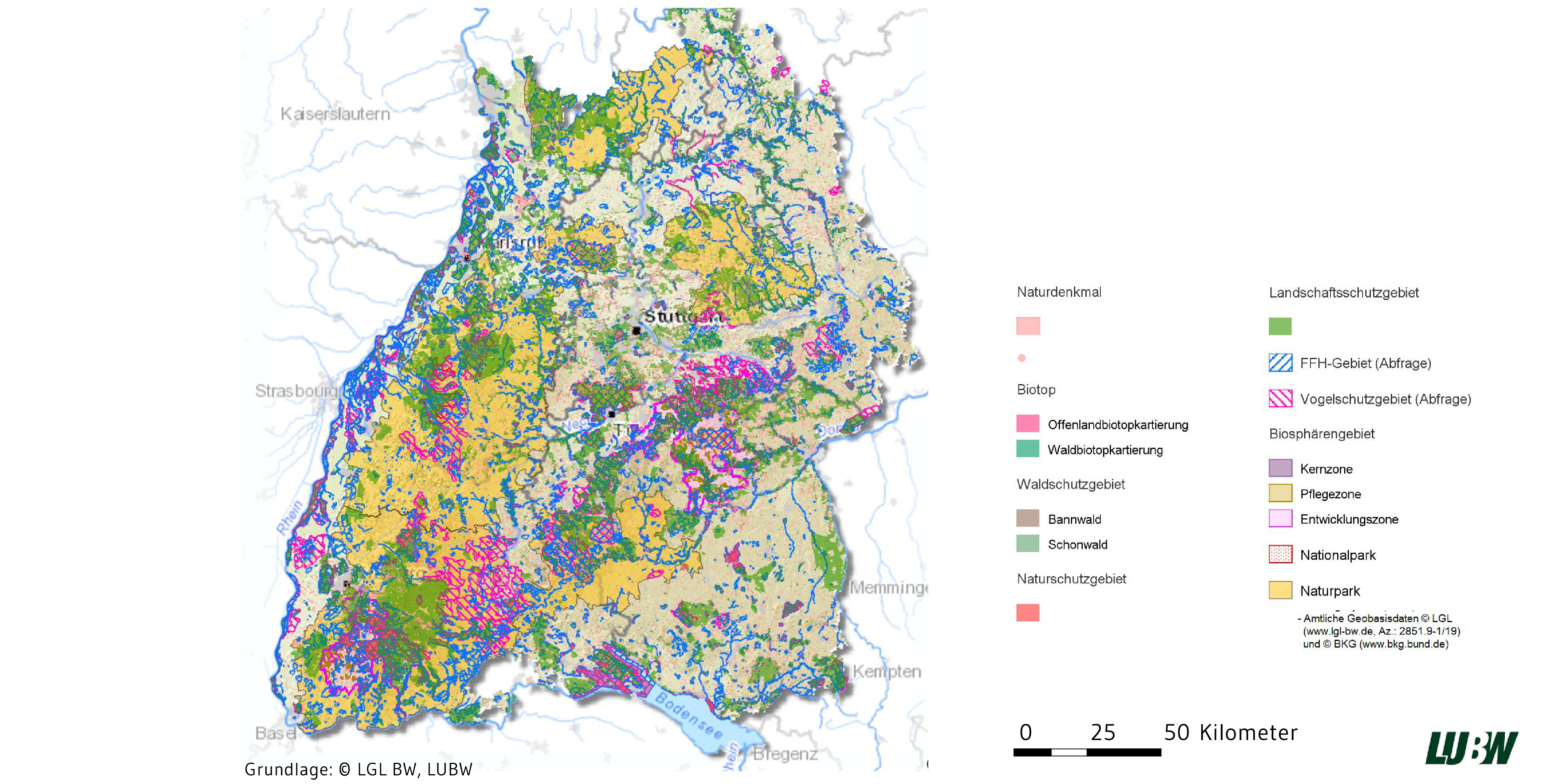 Kartendarstellung von Baden-Württemberg auf der alle Schutzgebiete eingezeichnet sind.