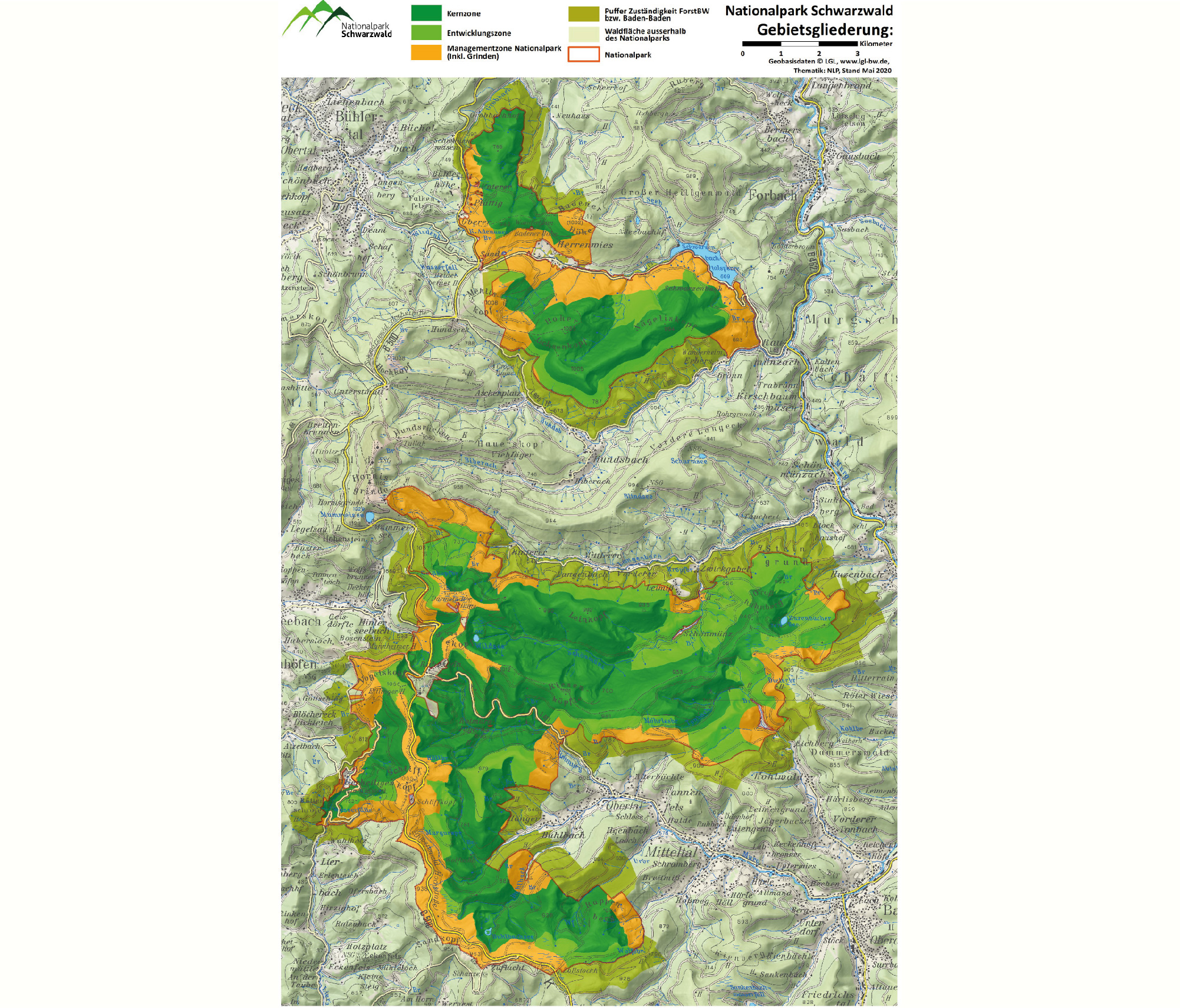 Karte mit den verschiedenen Zonen des Nationalpark Schwarzwald.