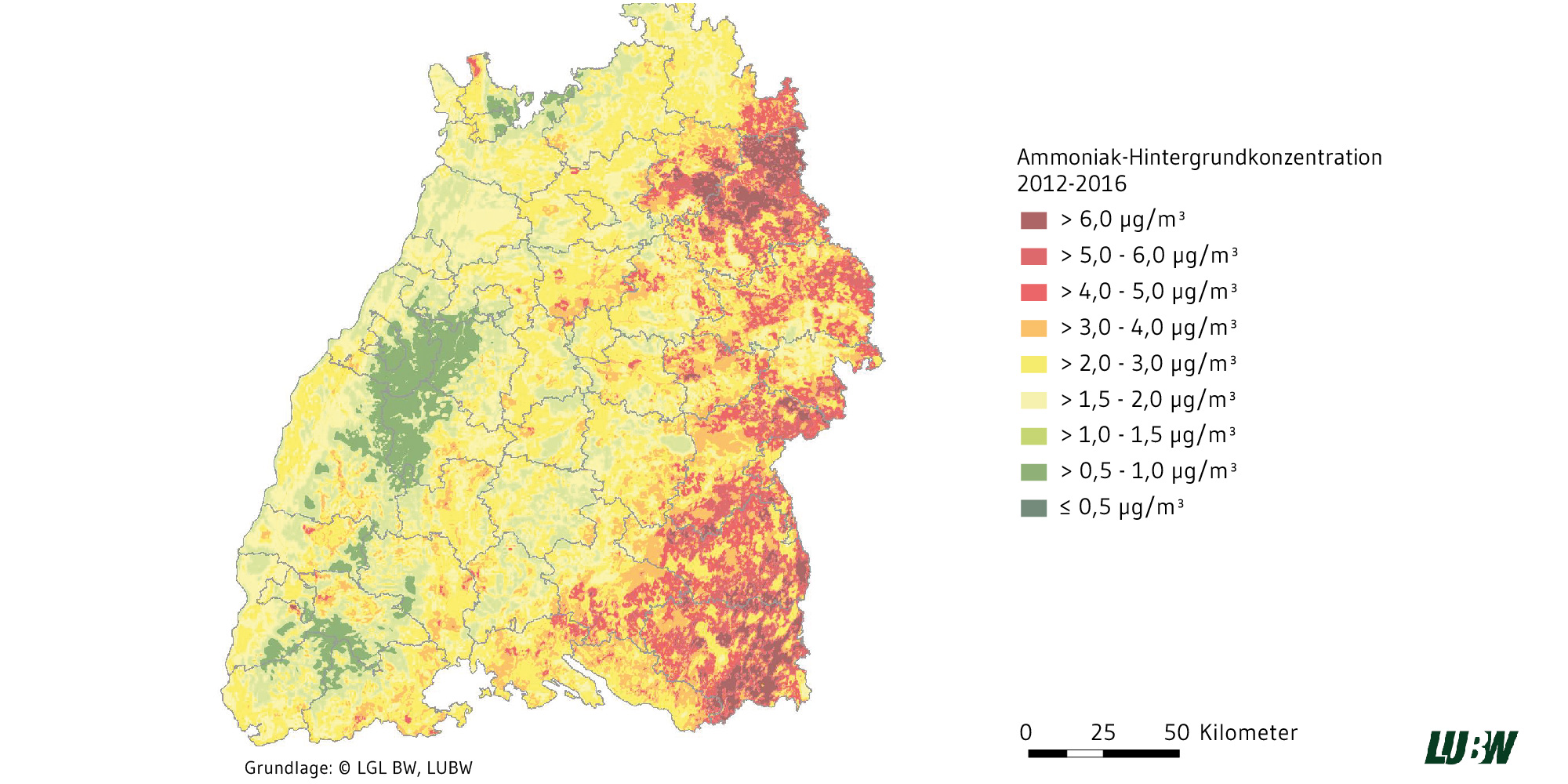 Katrte von Baden-Württemberg. Dargestellt ist die Ammoniakhintergrund-Konzentration. Hohe Werte finden sich vor allem im Osten des Landes, niedrige im Schwarzwald. 