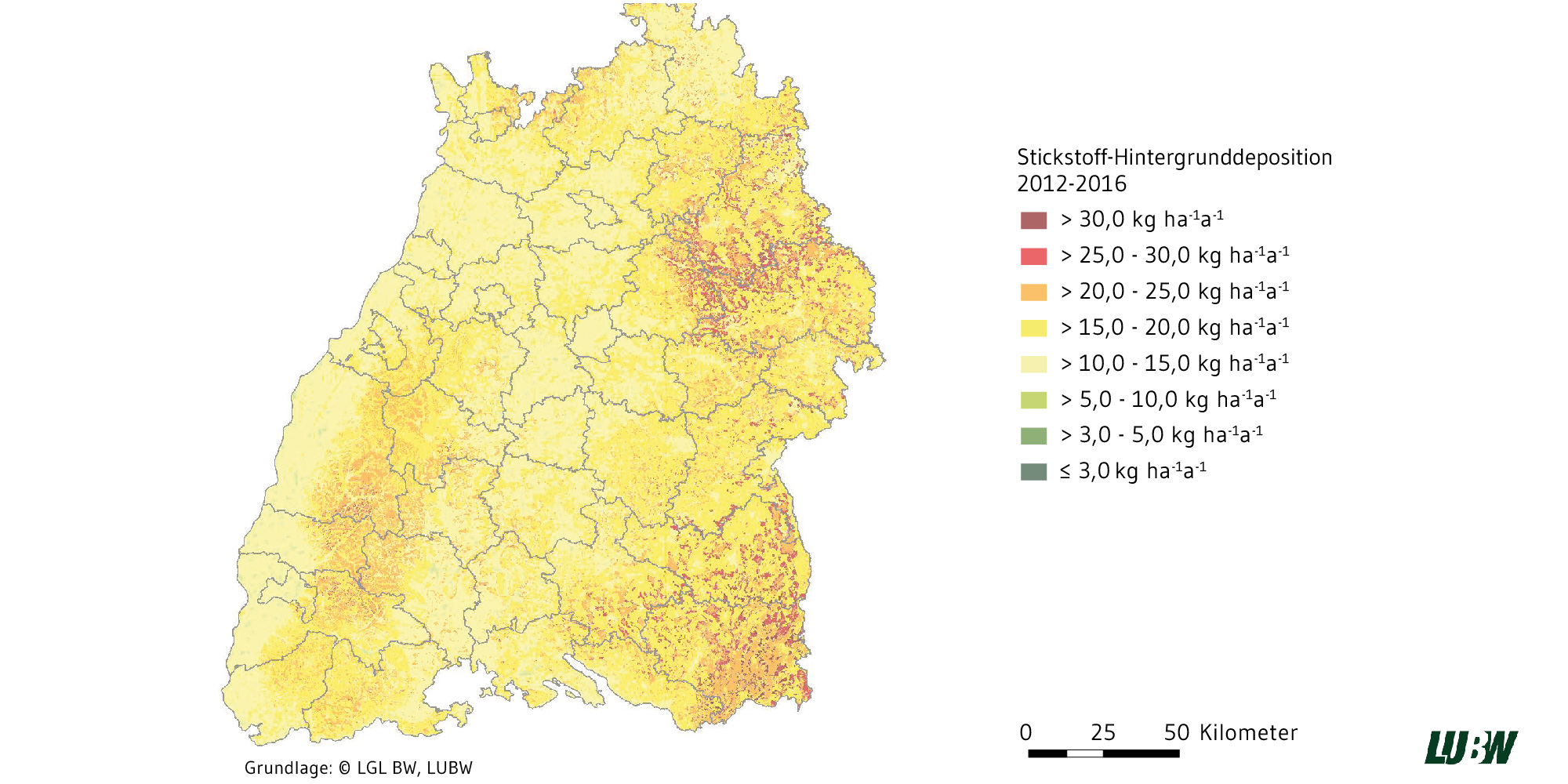 Karte von Baden-Württemberg. Dargestellt ist die Stickstoffdeposition. Hohe Werte finden sich insbesondere im Osten und Südosten als auch im Schwarzwald. 