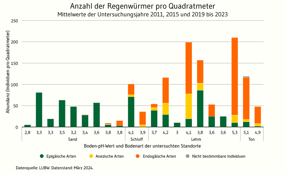 Die Abbildung zeigt ein Balkendiagramm, dass die Anzahl der Regenwürmer pro Quadratmeter an den untersuchten Standorten zeigt. Die Anzahl ist nach der ökologischen Gruppe der Regenwürmer gegliedert. Die Abbildung zeigt das Vorkommen von anezischen und epigäischen Arten hauptsächlich in den Bodenarten Schluff, Lehm und Ton, während in sandigen Böden mit einem pH-Wert von < 3,7 nur epigäische Arten zu finden sind. Die höchsten Anzahlen von Regenwürmern wurden an Untersuchungsstandorten mit der Bodenart Lehm gefunden.