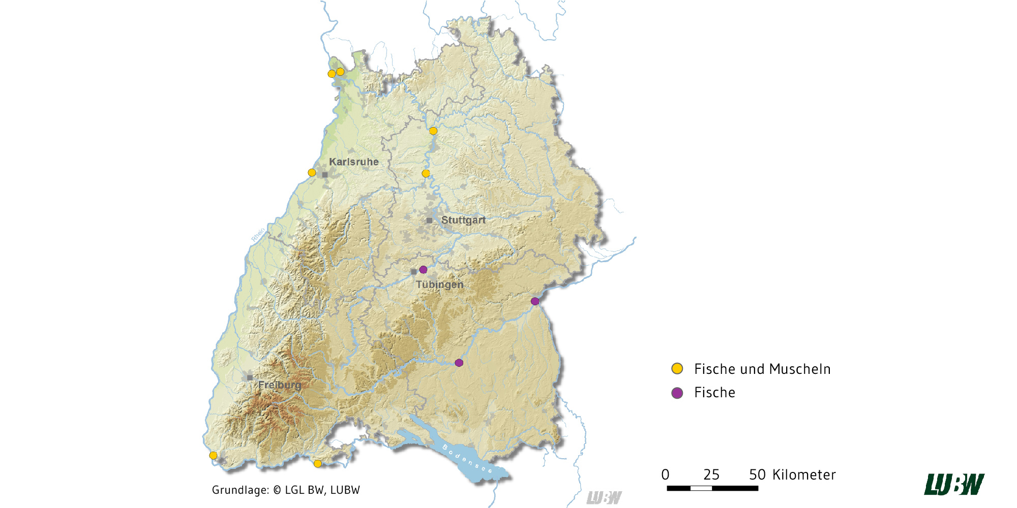 : Zu sehen ist eine Karte von Baden-Württemberg mit den Entnahmestellen für Fische und Muscheln an Rhein, Neckar und Donau für die Jahre 2021 bis 2022