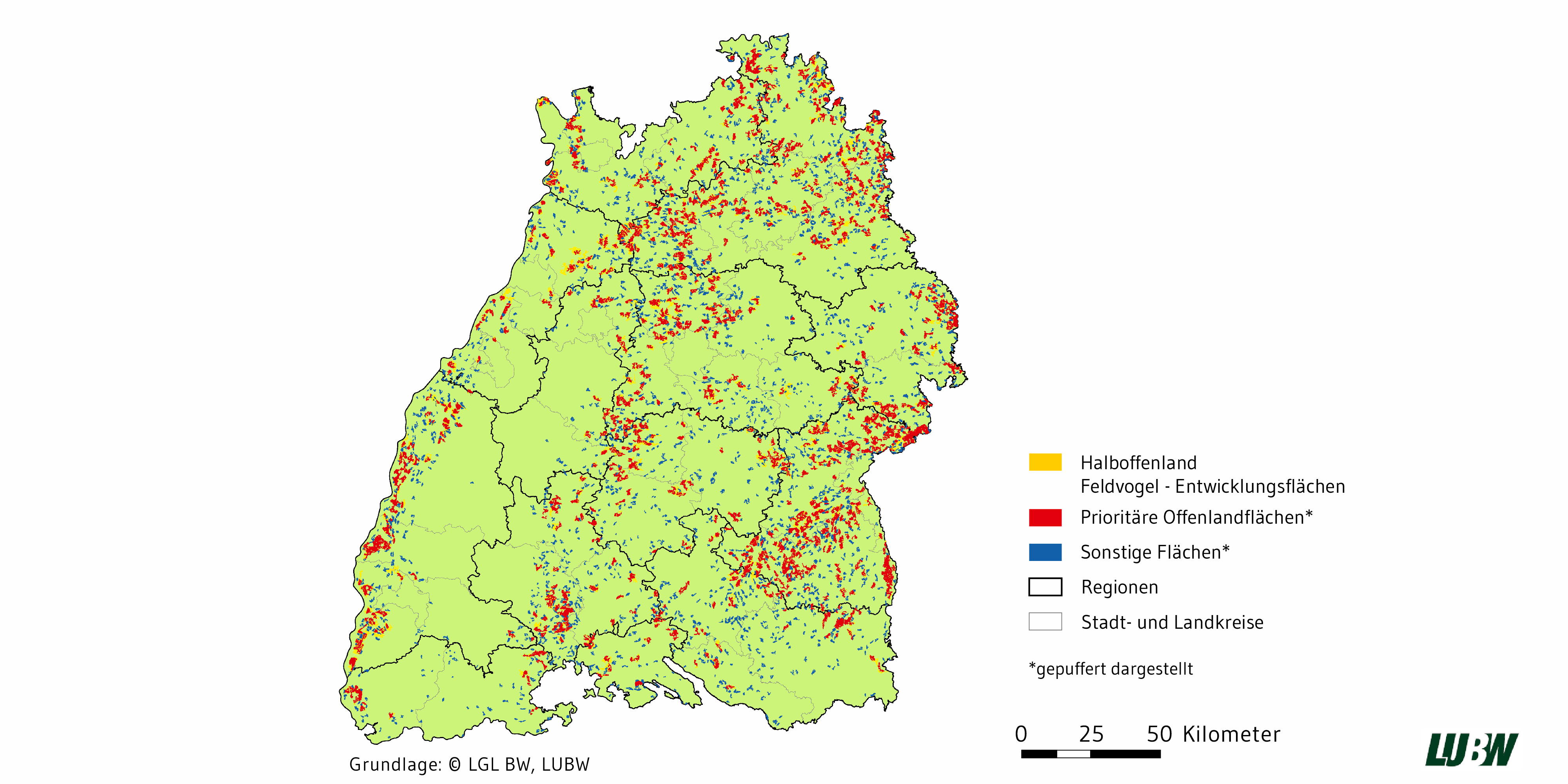 Die Karte zeigt die Landesfläche von Baden-Württemberg. Darauf eingezeichnet sind Halboffenland Feldvogel-Entwicklungsflächen, Prioritäre Offenlandflächen sowie sonstige Flächen. 