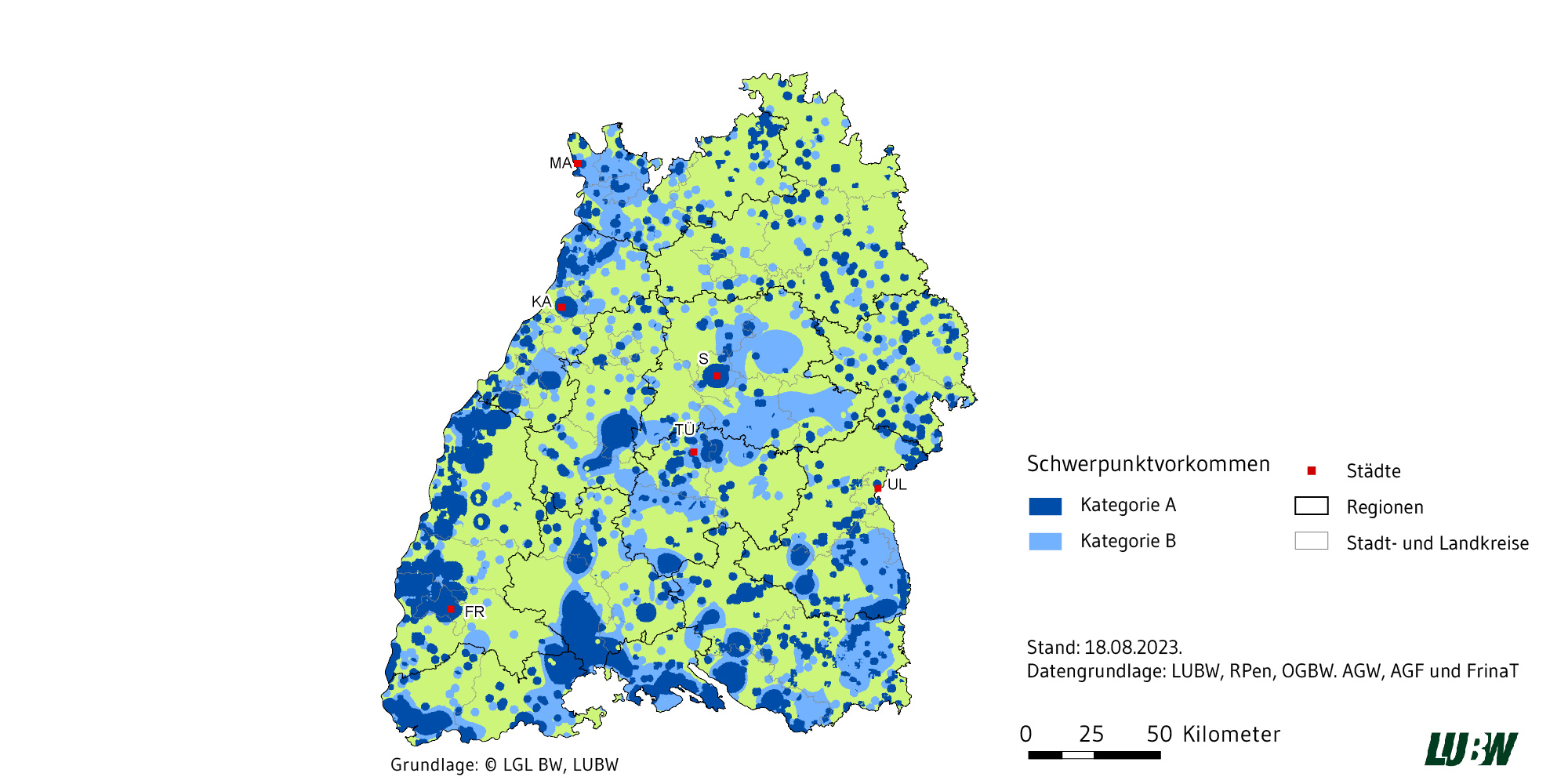 Die Karte zeigt die Landesfläche von Baden-Württemberg. Es sind dunkelblaue Flächen vor einem grünen Hintergrund zu erkennen. Diese sind von hellblauen Flächen umgeben. Diese Flächen stehen für die Schwerpunktvorkommen von windkraftsensiblen Vogel- und Fledermausarten, welche im Fachbeitrag Artenschutz für die Regionalplanung erstellt wurden. Die dunkelblauen Flächen haben eine höhere Bedeutung als die Hellblauen.