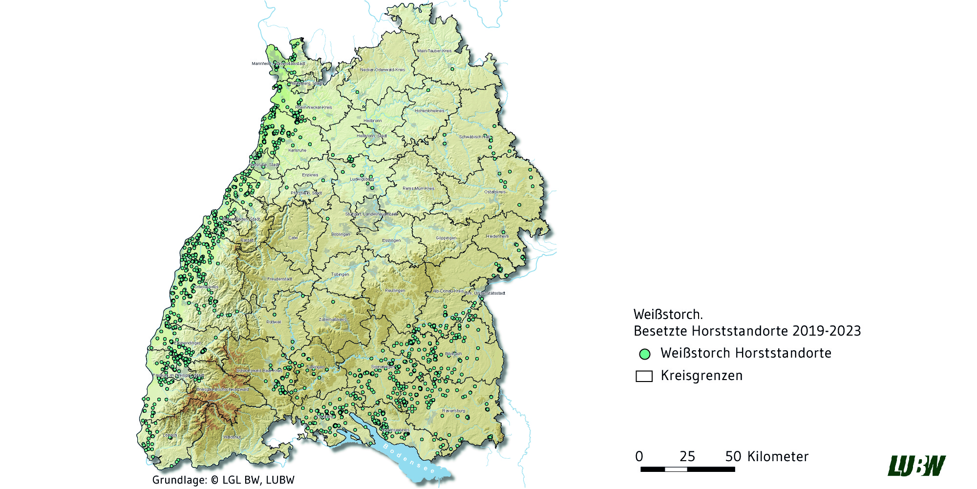 Verbreitungskarte der Verbreitung brütender Weißstörche in Baden-Württemberg Weißstorchbrutvorkommen in Baden-Württemberg. Verbreitungsschwerpunkte liegen entlang des Rheins und in Oberschwaben. 