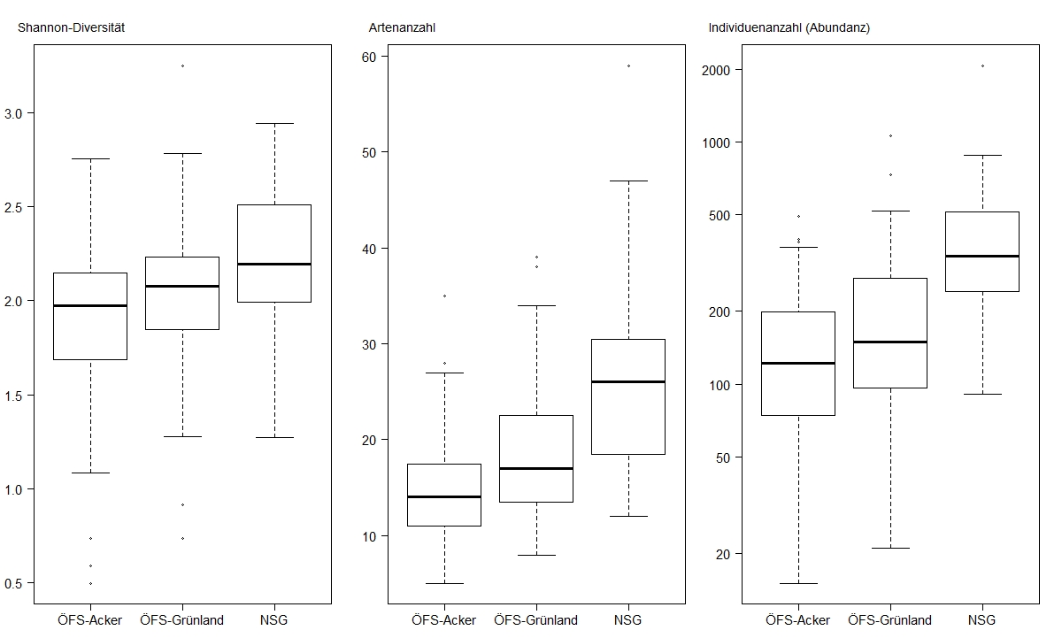 Boxplotdarstellung zu den Auswertungen der Shannon-Diversität, Artenanzahl und Individuenanzahl der Tagfalter- und Widderchen auf den drei Probeflächentypen Acker, Grünland und Flächen im NSG. Die Boxplot-Darstellung zeigt den Median und die Datenstreuung.