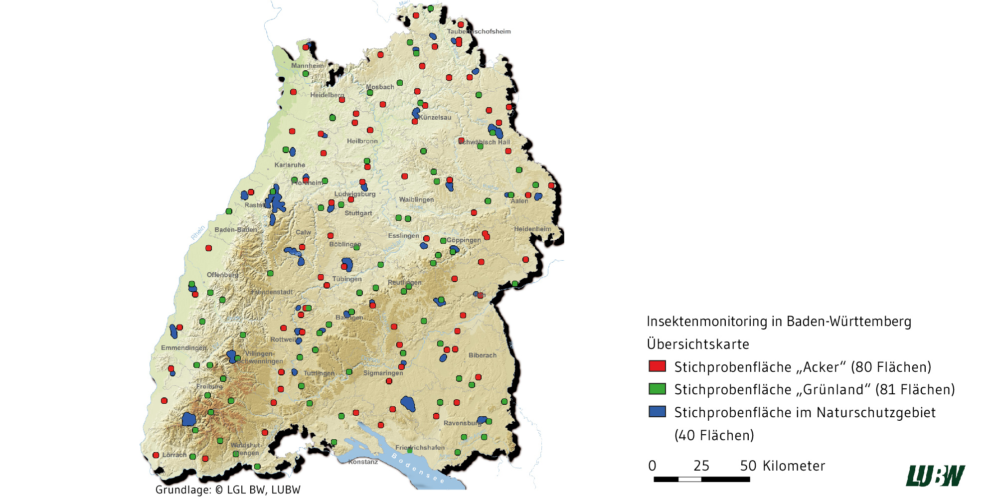 Topographische Karte Baden-Württembergs in der die unterschiedlichen Probeflächen in der Übersicht dargestellt werden.