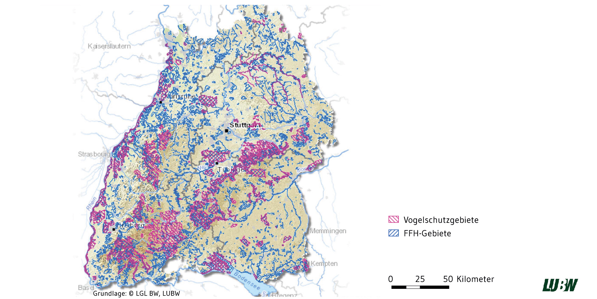 Kartenabbildung Baden-Württembergs mit Vogelschutzgebieten und FFH-Gebieten. Kartenabbildung Baden-Württembergs mit Vogelschutzgebieten und FFH-Gebieten.