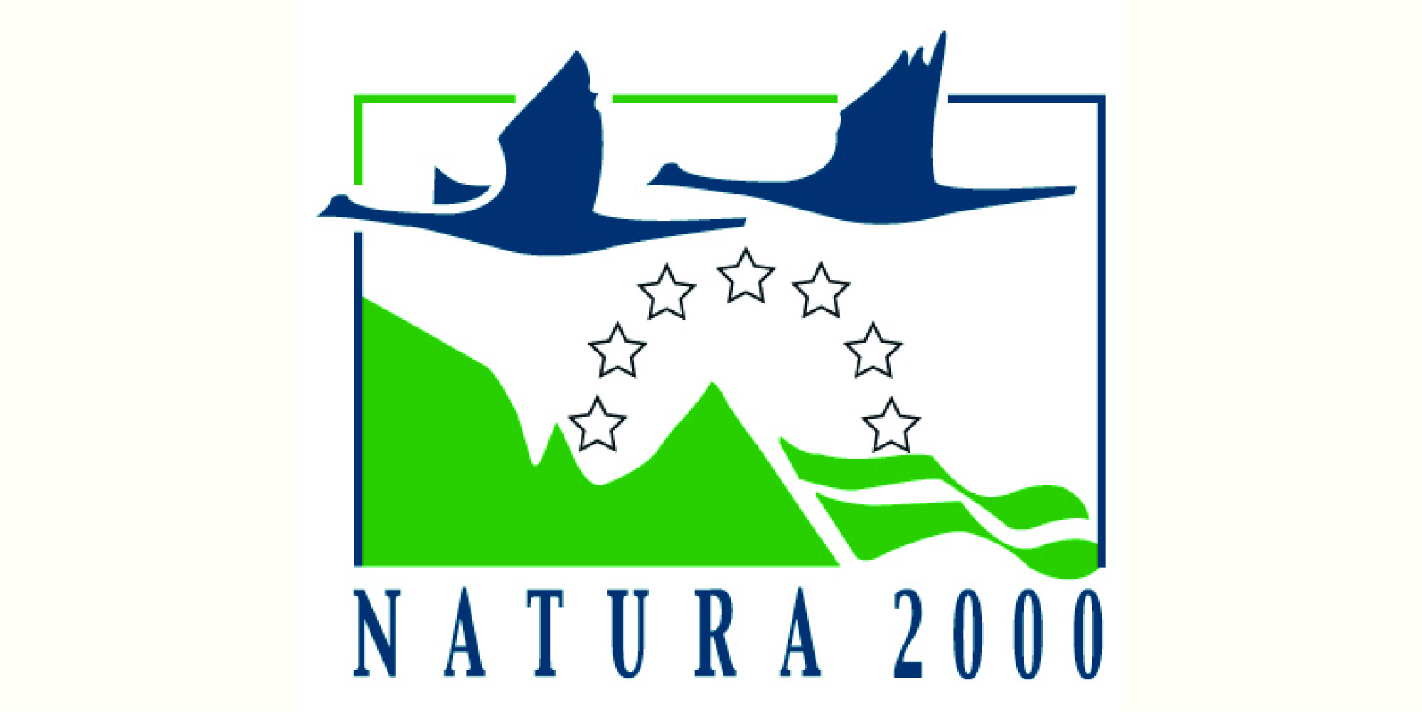 Das Bild zeigt das Logo von Natura 2000. Zu sehen sind zwei abstrahierte Gänse, welche über eine Landschaft mit dem europäischen Sternenkranz fliegen