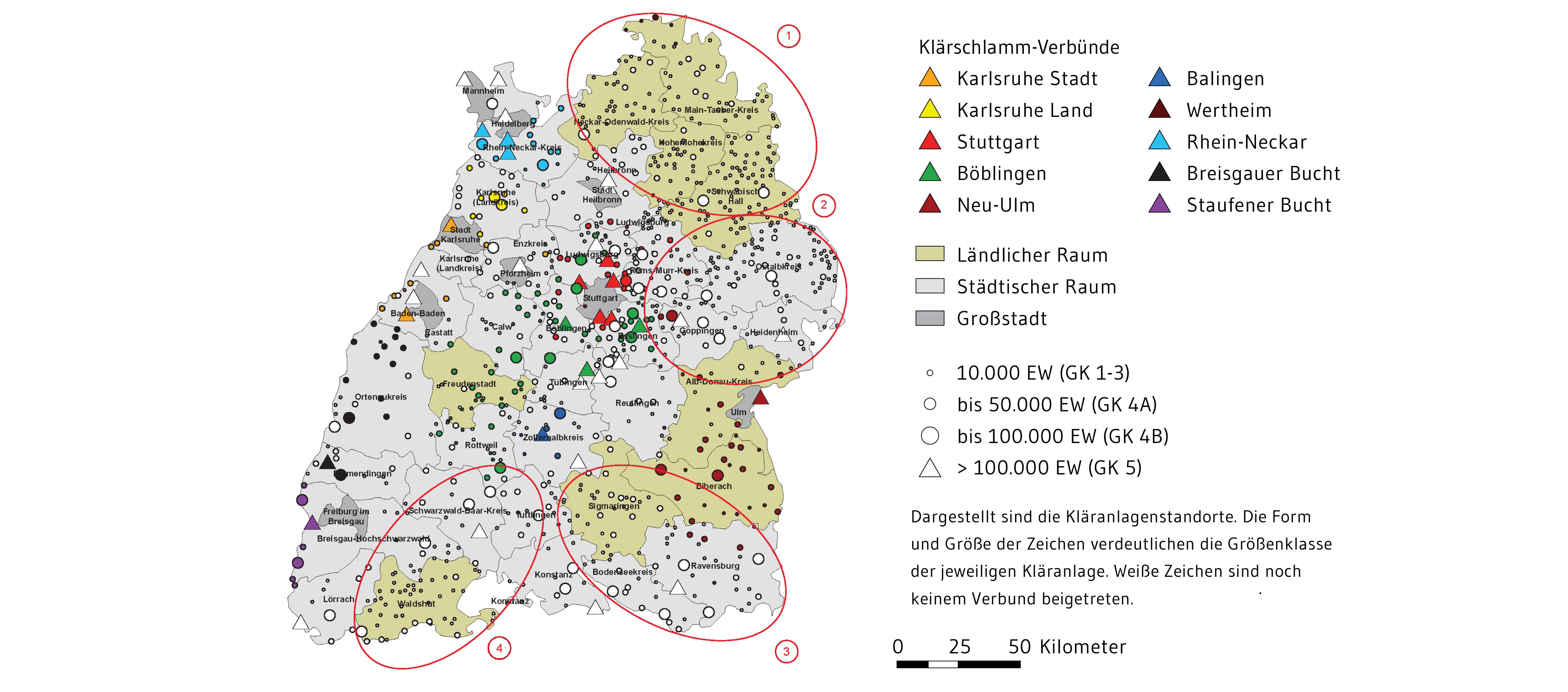 Die Abbildung zeigt auf der Landkarte von Baden-Württemberg, die Klärschlammstandorte und deren Klärschlamm-Verbünde sowie die Bedarfsregionen für weitere Klärschlammverbrennungsanlage