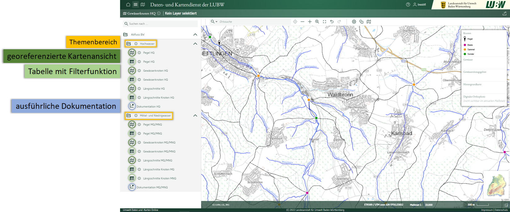 Bildschirmfoto der georeferenzierten Kartenansicht „Gewässerknoten HQ“ des interaktiven Dienst Abfluss-BW mit Erläuterung (Stand 25.03.2024)