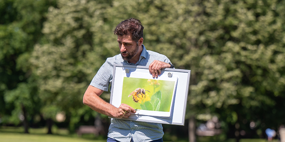 Der Leiter der Umweltakademie Baden-Württemberg Michale Eick zeigt den Teilnehmenden am Workshop Biodiversität die Fotografie einer Wildbiene.