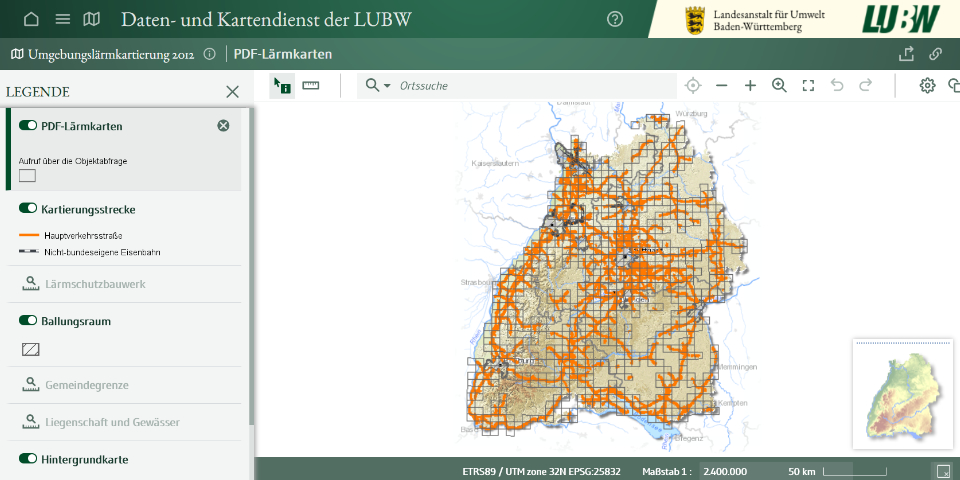 Screenshot einer Kartenansicht des Daten- und Kartendienstes der Landesanstalt für Umwelt.