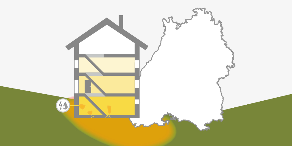 Grafik zeigt ein im Keller mit Radon belastetes Gebäude in einer Senke. Dahinter ist der Umriss der Landes Bade-Württemberg dargestellt.