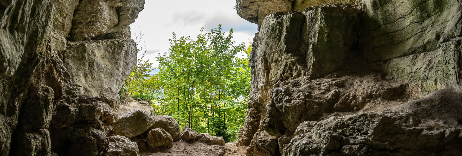Blick auf Baumwipfel aus dem Sibyllenloch, einer Höhle im Teckberg der Schwäbischen Alb.